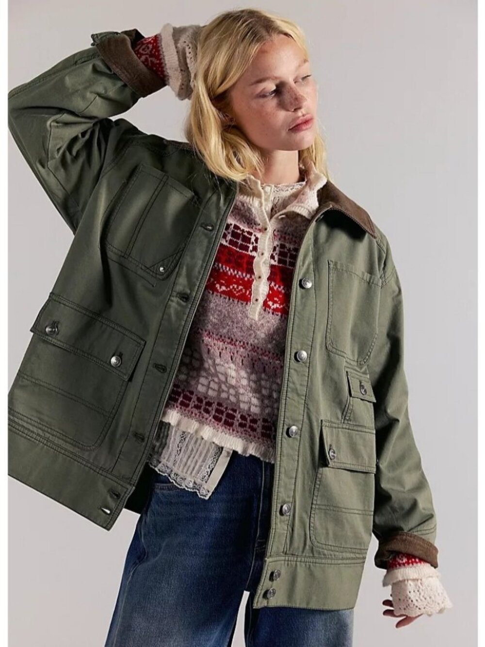 Free People Sweet Talk Denim Jacket Chore Coat Y2K Green Rustic Womens S